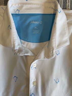 johnnie-O White Golf Shirt with Blue Whiskey Glasses